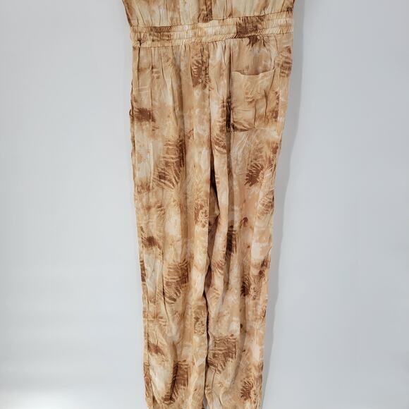 Japna Womens Joggger Jumpsuit M Brown Tie Dye‎ V Neck Boho Keyhole Smocked Waist - Picture 5 of 14